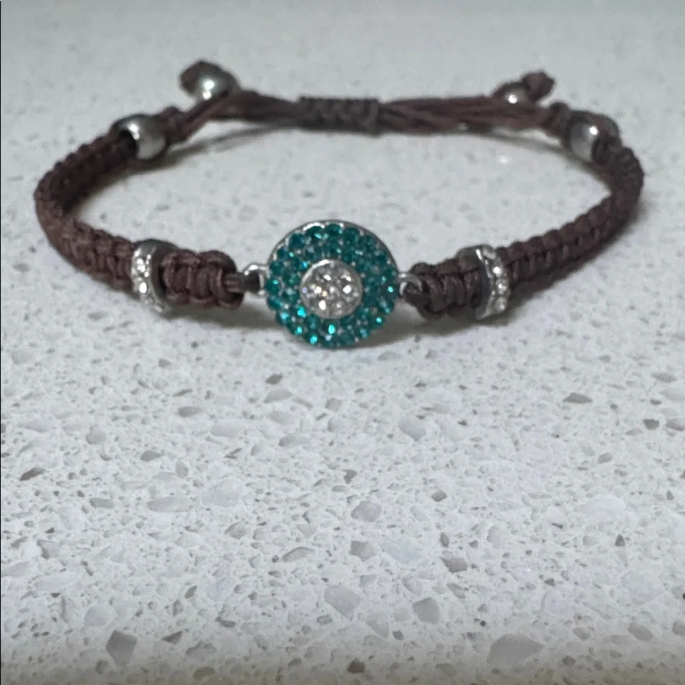 Blue pavé stone charm adjustable brown braided woven leather bracelet OS
